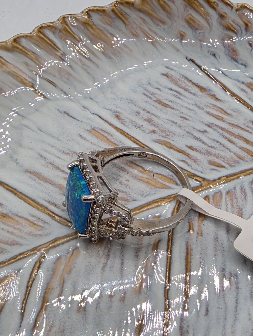 Solid .925 Sterling Silver Radiant Shape Blue Fire Opal & CZ Ring - Picture 4 of 4
